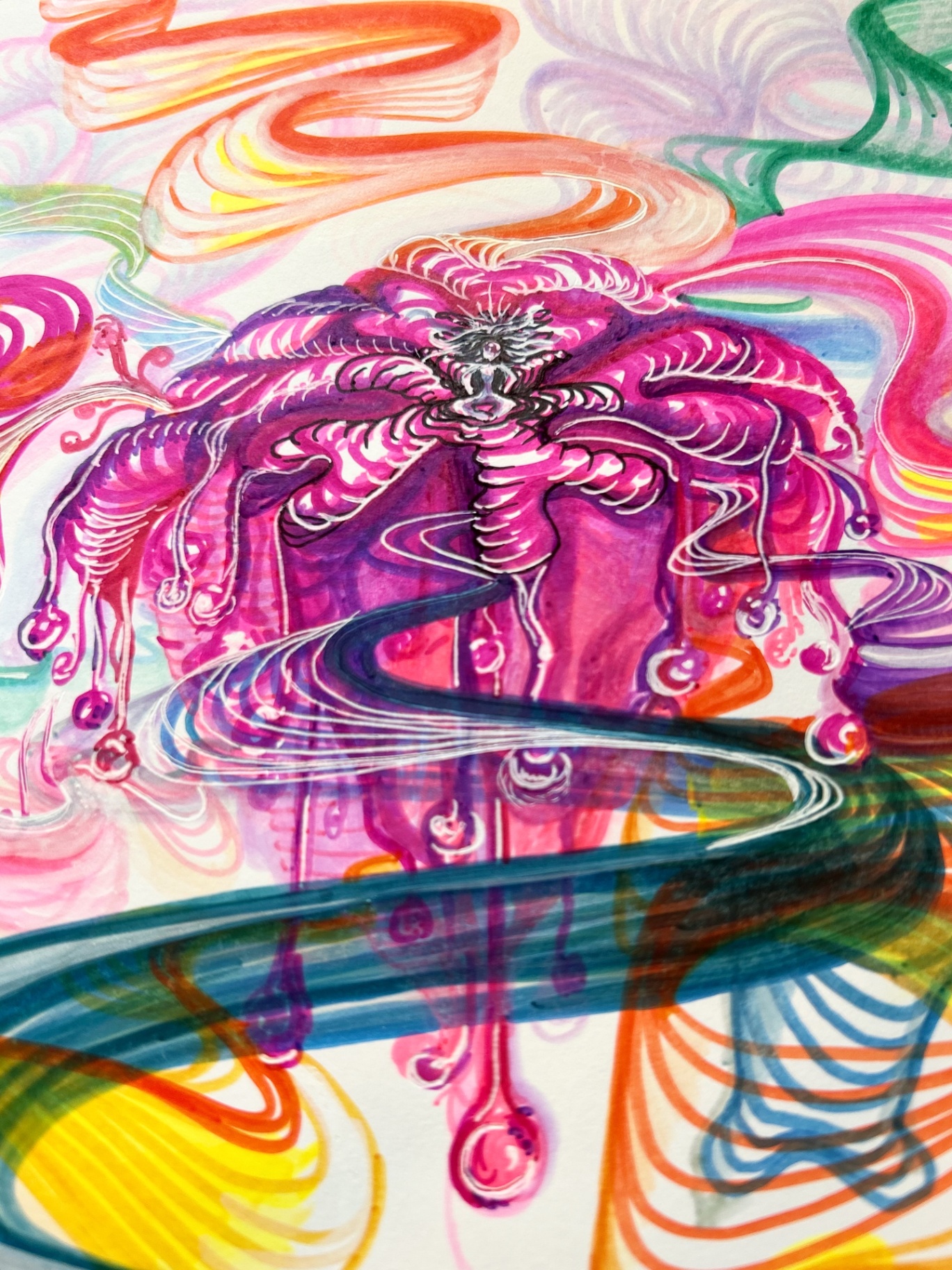 Pink figure radiating timelines — signature marker artwork by x0alli